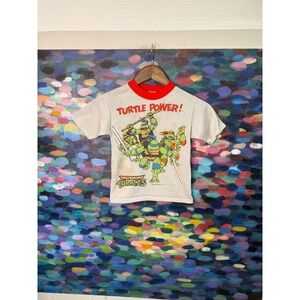 Kids Vintage 80s Teenage Mutant Ninja Turtles T Shirt Turtle Power Red Collar